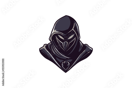 A stylized illustration of a hooded figure with a masked face design