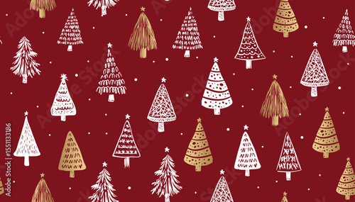 Christmas white and gold tree pattern on red, hand drawn illustration