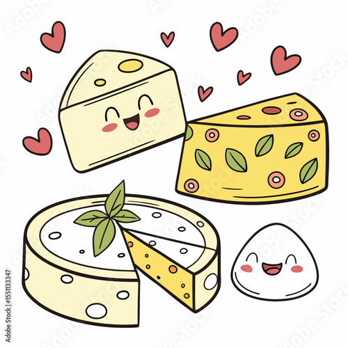 Delightful cheese characters, each with unique design, radiating pure cheese enthusiasm