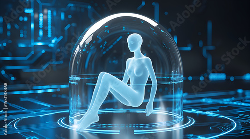 Sci-Fi Abstract of Encased Human Form in Blue Circuitry Landscape