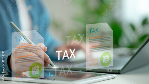 Digital tax form interface with stylus on tablet, concept of online tax filing, percentage icon, financial documents and modern e-tax technology in digital workspace.