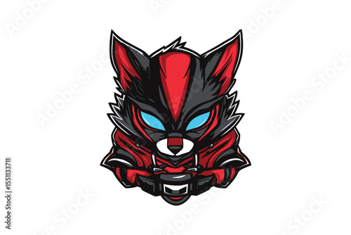 Illustration of a robotic wolf head with red and black color scheme