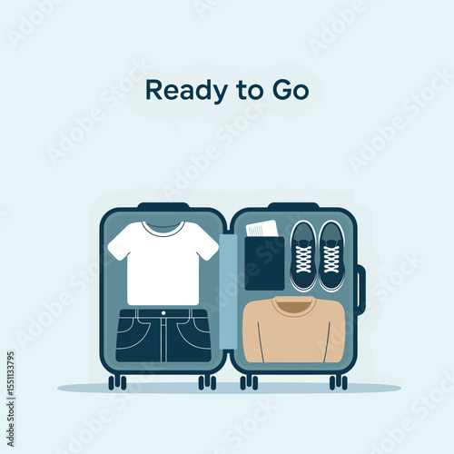 Open Suitcase Packed for Travel Showing White T Shirt Dark Jeans Tan Sweater Dark Sneakers and Passport Ready to Go