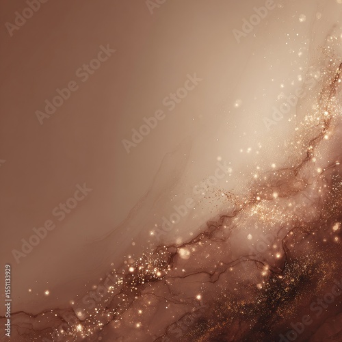 Abstract brown and gold ink wash painting with glittering particles, creating a dreamy, ethereal effect, mostly concentrated in one corner