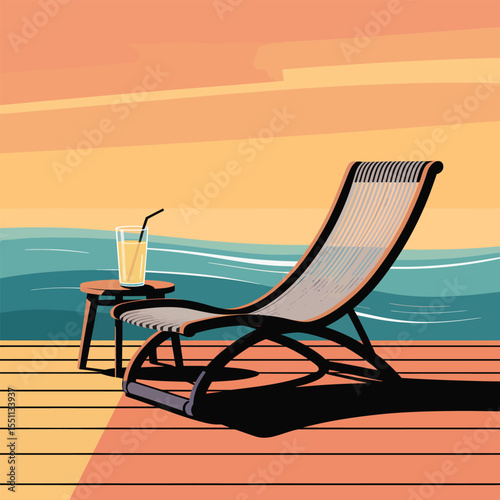 Orange Juice Drink Beside Striped Deck Chair on Wooden Deck at Sunset Ocean View lounge chair recliner