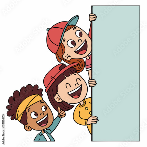 Joyful cartoon kids peering from behind a blank board with positive expressions