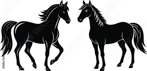 Majestic Equine Art ,Two Stylized Black Horses.  Silhouette Horses Vector Illustration, Elegant Stallion Vector Horse Outline Design Set, Black Horse Silhouettes Galloping and Standing Pair.