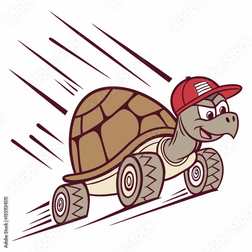 Whimsical speedy turtle character with wheels and a red cap illustration