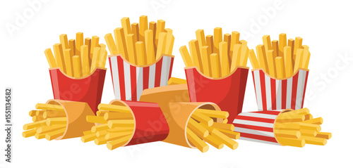 Golden French Fries in Red and Striped Boxes