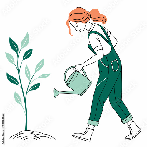 Illustration of a woman watering a newly planted sapling, promoting environmental care