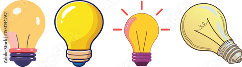 Glossy 3D Vector Light Bulbs – Bright Yellow Ideas in Modern Graphic Style. 