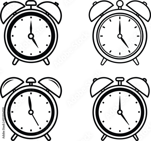 Alarm Clock Icon Set - Time and Wake Up Symbols, Vintage Clock Outline Vectors - Black and White, Timepiece Graphics Collection - Retro Alert Clocks.