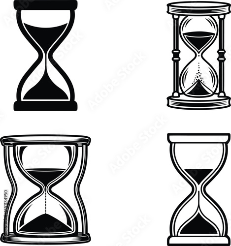 Hourglass Icons Set Sand Timer Vector Collection, Time and Measurement Symbols, Hourglass Vector Icons ,Time Measurement Set. Vintage Sand Timer Illustrations Black and White, Clock Symbol Collection.