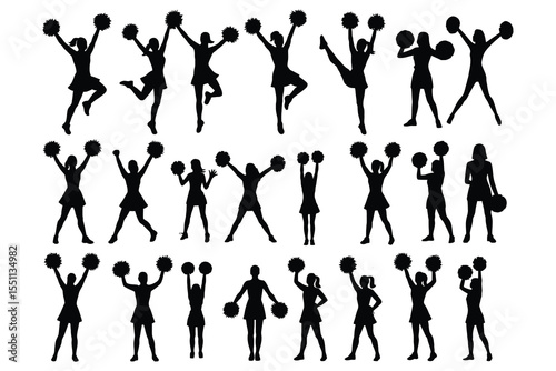 Collection of cheerleader silhouettes in dynamic poses isolated on white background