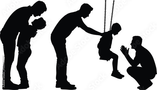 Father and son silhouette vector illustrations showing parenting, bonding, playing, and love moments in daily life