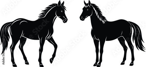 Majestic Equine Art ,Two Stylized Black Horses.  Silhouette Horses Vector Illustration, Elegant Stallion Vector Horse Outline Design Set, Black Horse Silhouettes Galloping and Standing Pair.