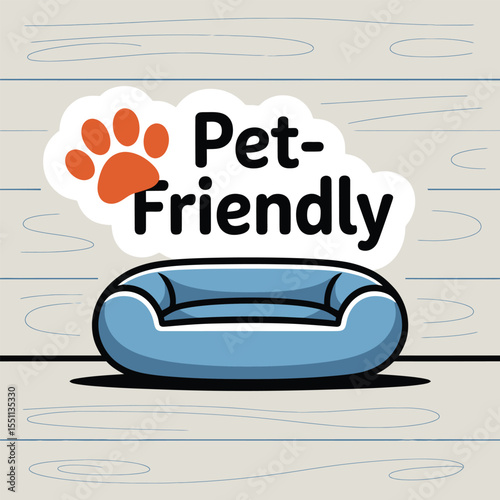 Pet Friendly Blue Dog Bed on Light Gray Wood Grain Background with Orange Paw Print and Bold Text Logo