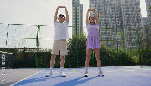 Two athletes warm up with stretches before a pickleball match in an urban setting on a sunny day