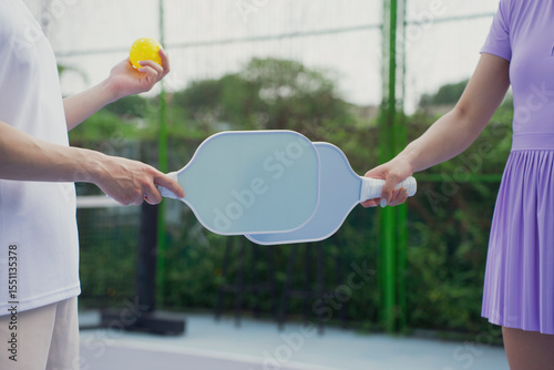 Exciting pickleball match with players ready to serve at a vibrant outdoor court in a sunny location