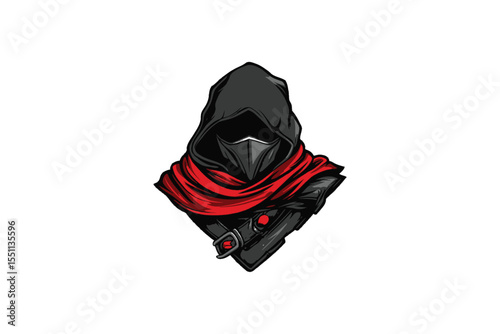Illustration of a hooded figure with red scarf and face mask on white