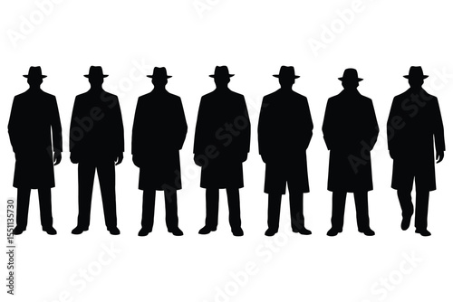 Seven silhouettes of men wearing suits and hats isolated on white background