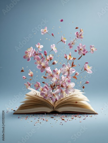 Blooming Book With Flowers and Petals Emerging From Its Pages Against a Pastel Blue Backdrop