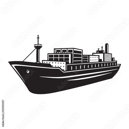 cargo ship black silhouette vector, Simple silhouette Design vector icon with white background. Water transportation vector illustration