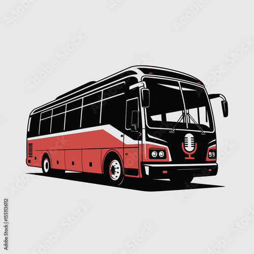 Red and Black Tour Bus Illustration Featuring a Microphone Icon on the Front Grille Side View coach