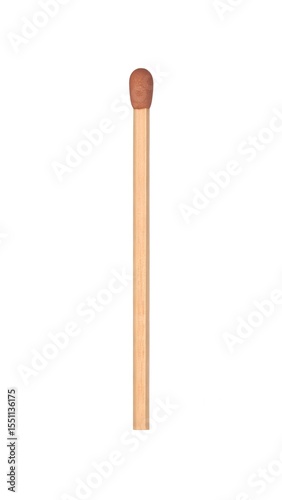 Single wooden matchstick isolated on white background for fire starting and camping equipment photography