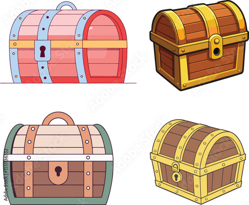 Stylized 3D Vector Treasure Chests with Curved Wooden Bodies and Golden Accents. 