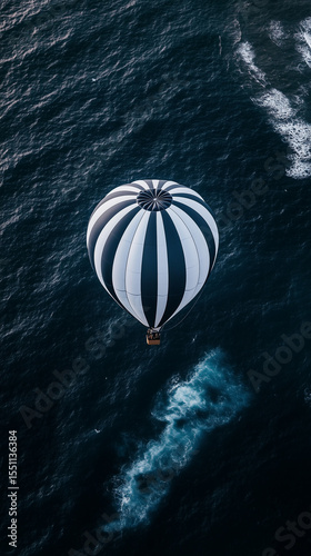 Striped hot air balloon soaring over the vast ocean, creating a stunning contrast between sky and sea. Adventure awaits!