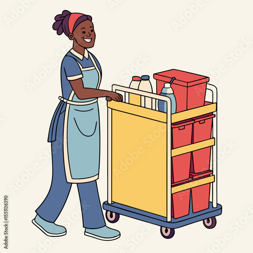 Smiling hotel maid pushing cleaning supplies trolley, ready for her housekeeping duties