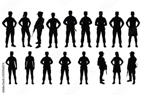 Collection of diverse human silhouettes in uniform isolated on white background