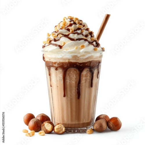 Creamy chocolate hazelnut beverage topped with whipped cream, chocolate drizzle, nuts, and decorative straw in a clear glass cup on a white background