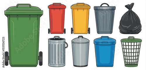 Variety of Garbage Bins and Bags Illustration