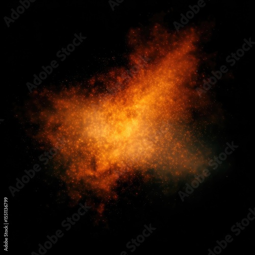 Abstract fiery nebula; orange and red glowing particles dispersed on a black background, creating a hazy, cosmic effect