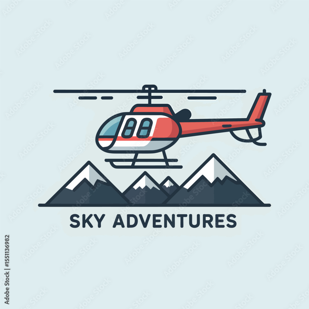 Fototapeta premium Red and White Helicopter Flying Over Mountains Sky Adventures Logo Design Illustration image