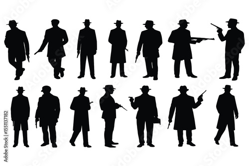 Collection of silhouettes of men in vintage suits and hats with guns isolated on white background