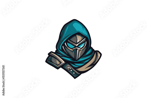 Illustration of a hooded character with a mask and glowing blue eyes