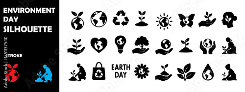 Environment Day Silhouette Vector Set – Nature Conservation and Eco-Friendly Lifestyle Awareness Illustration
