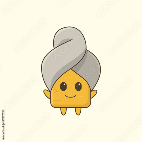 Cartoon tofu vector illustration with cheerful smiling face and friendly expression. wearing a towel on the head