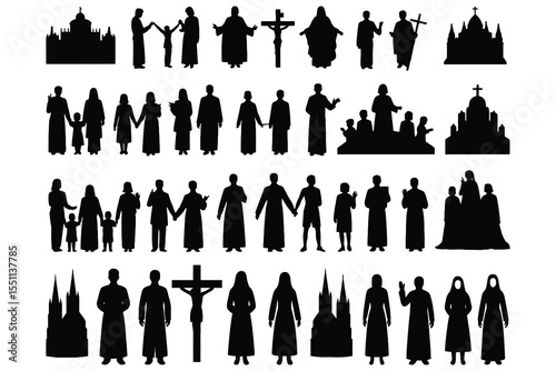 Collection of christian religious figures and buildings silhouettes isolated on white background