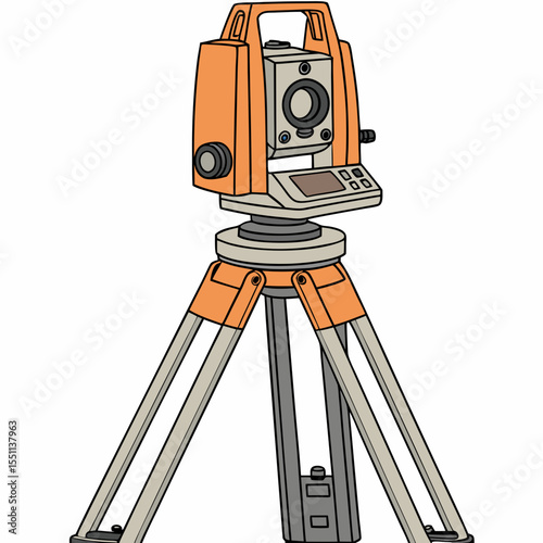 Illustration of an orange theodolite on a tripod used in surveying and engineering