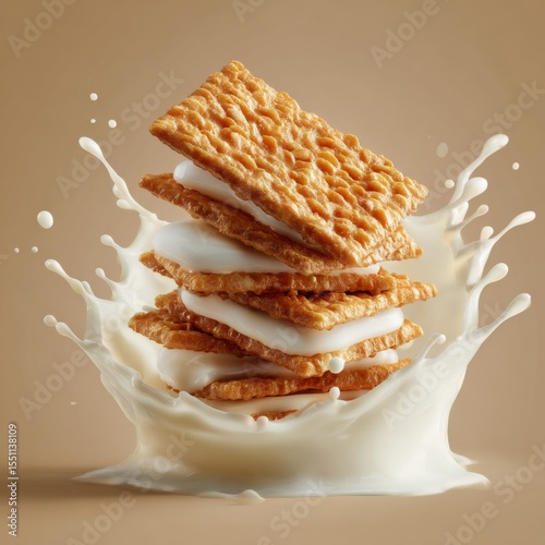 Crunchy layered wafers dipped in creamy milk, creating a delightful splash, showcasing texture and freshness in a delicious dessert setting
