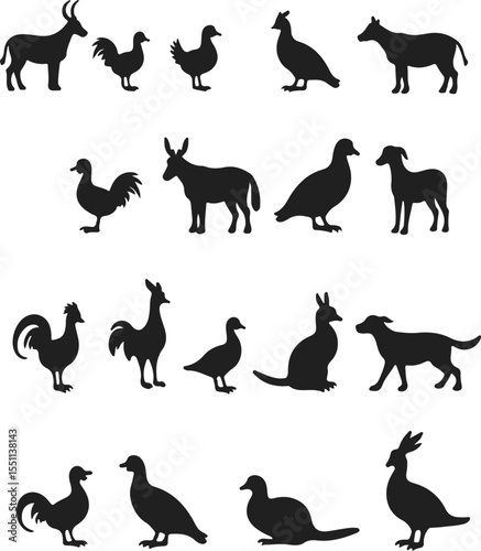 Collection of farm and domestic animal silhouettes on white background