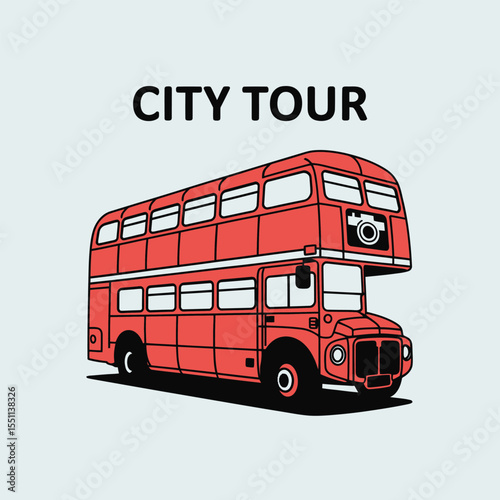 Red Double Decker Bus City Tour Illustration Light Gray Background Camera Icon Vehicle Transportation Travel Tourism London England Iconic Landmark
