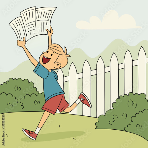 Joyful boy delivers newspapers with playful energy in a whimsical setting