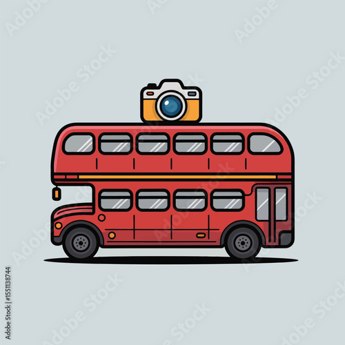 Red Double Decker Bus with Camera on Top Illustration Cartoon Style Simple Design Travel Photography Tourism Icon