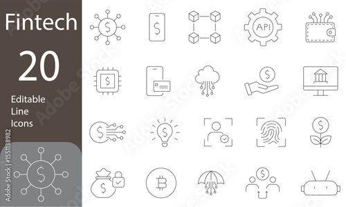 Fintech Editable Line Icons Set. mining, technology, e-wallets, cryptocurrency, and more. Vector illustration
