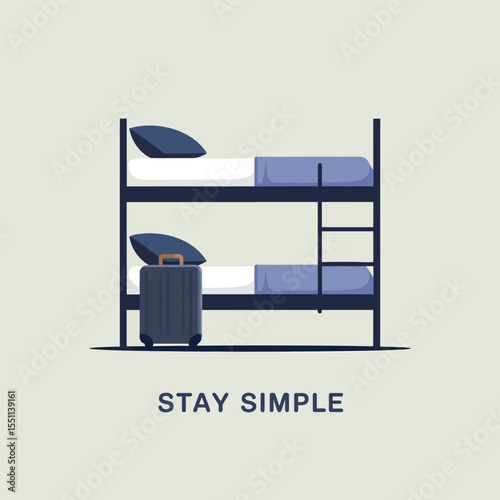 Minimalist Illustration of a Dark Blue Metal Bunk Bed with White and Blue Bedding a Dark Gray Suitcase and the Text Stay Simple on a Light Green Background